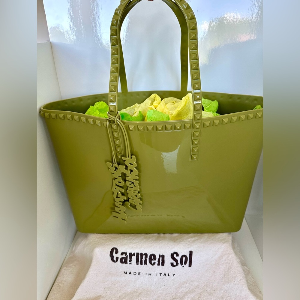 Carmen Sol Italian “Angelica” Olive Green Patent Tote Bag with Charms